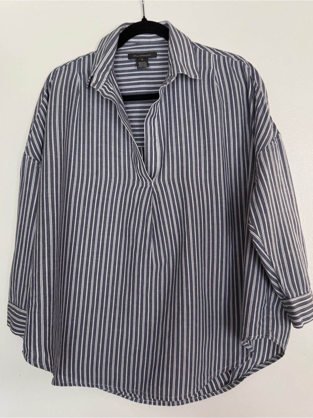 French Connection Women’s Blue and White Dolman-Sleeve Striped Shirt